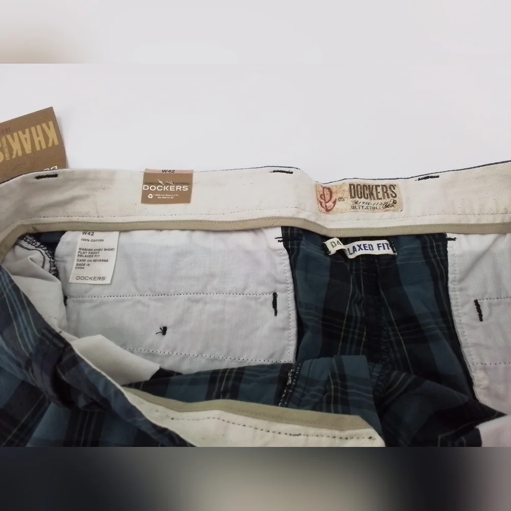 Nwt DOCKERS Washed Khaki Men's Y2K Plaid BLUE Shorts - SZ 42
